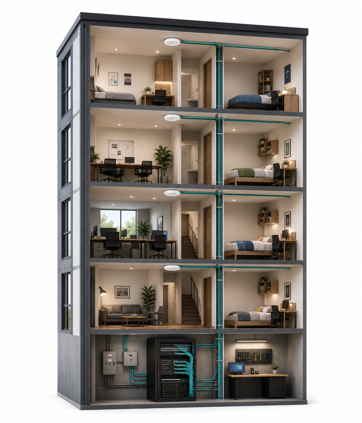 Doorsnede van een gebouw waarin het CE-iT netwerk zichtbaar is: glasvezel komt binnen, bekabeling loopt naar elke verdieping en access points verzorgen wifi, beheerd op afstand.