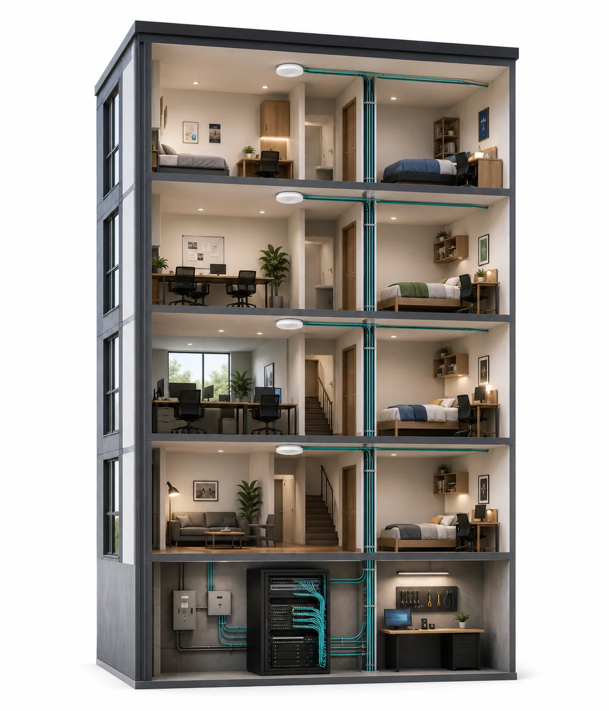 Doorsnede van een gebouw waarin het CE-iT netwerk zichtbaar is: glasvezel komt binnen, bekabeling loopt naar elke verdieping en access points verzorgen wifi, beheerd op afstand.