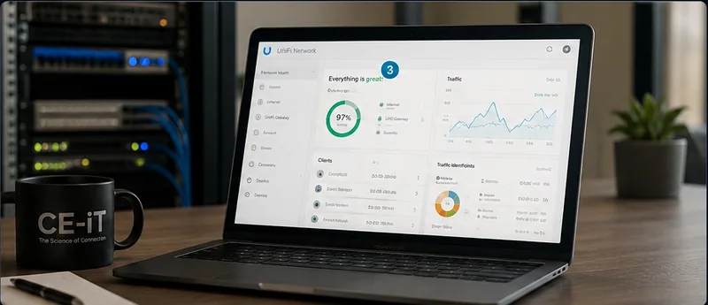Laptop met UniFi-dashboard voor netwerkbeheer, met serverrack op de achtergrond